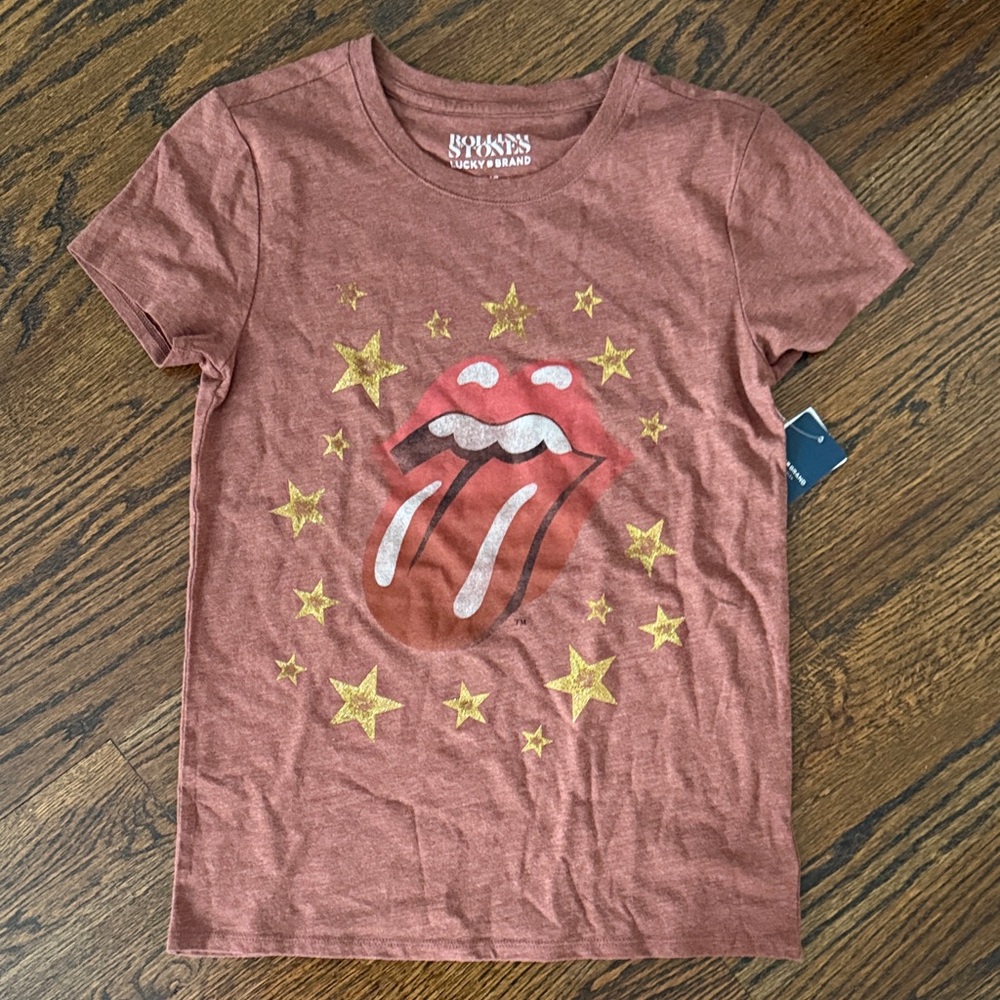 Lucky Brand Woman Graphic Tee in Rust and Gold Rolling Stones XS